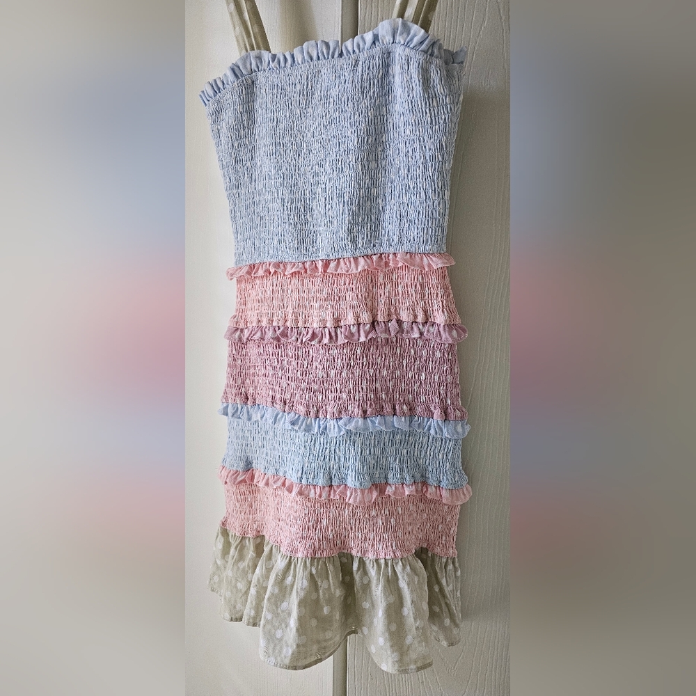 Storia Smocked Pastel Polka Dot Ruffle Spring Mini Dress Sz S - Picture 2 of 12